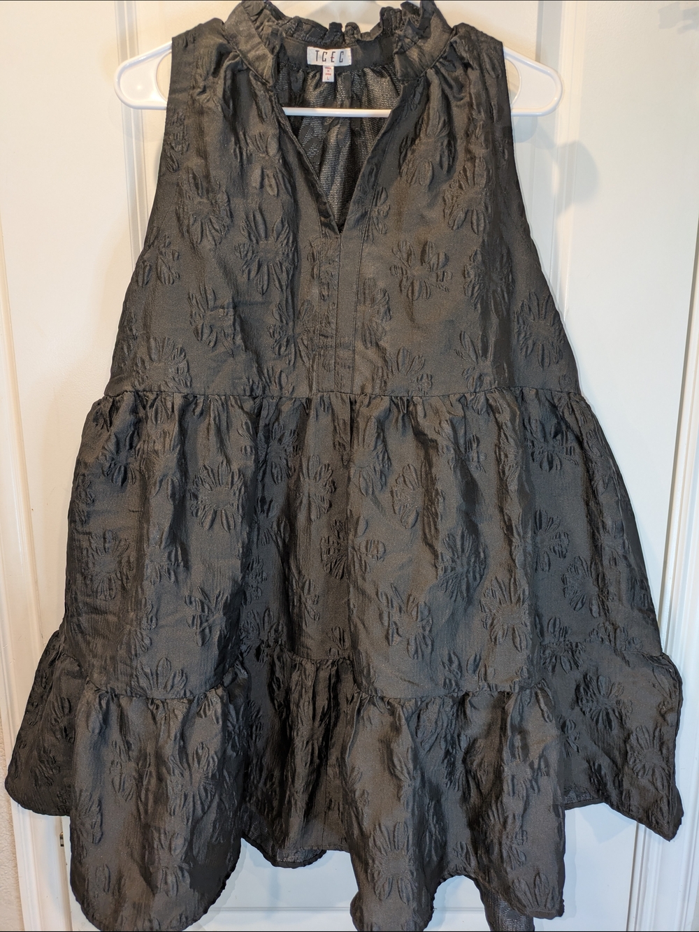 TCEC Black Textured Babydoll Dress Tiered Ruffle Neck Sleeveless Size Large